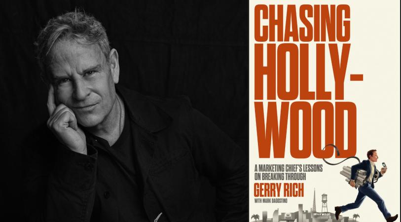 Black-and-white film poster with a man in a dark coat resting his chin on his hand, and bold orange/red title text “CHASING HOLLYWOOD”; smaller credits appear above and below, with a running figure at right.