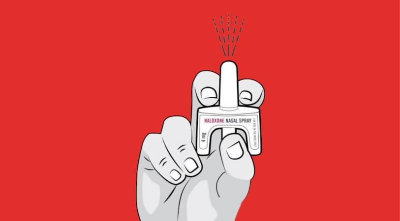 Hand holding a naloxone nasal spray device labeled “NALOXONE NASAL SPRAY,” with a nozzle pointing upward and dotted lines above indicating where to administer.