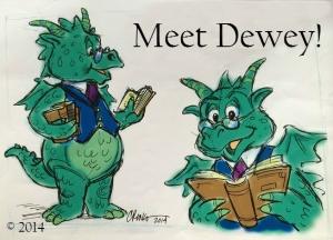 Original illustration of Burbank Public Library mascot, Dewey the Dragon. Green dragon wearing glasses and reading books. The text 'Meet Dewey!' is above them. The image is dated 2014.