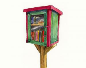 Watercolor illustration of wooden little free library.