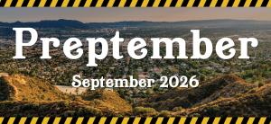 Preptember September 2026 white text over hilltop view looking down on the City of Burbank